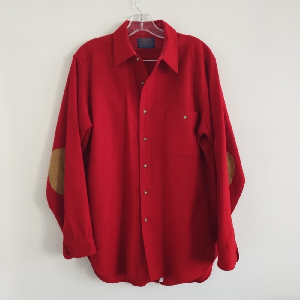 Pendleton Vintage 50's 100% Virgin Wool Red Button Down Shirt w/ Suede Patches